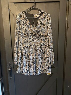 City Studio Paisley Long Sleeve Romper in Navy and Beige